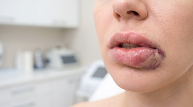 Woman with severely bruised and swollen lips in clinic