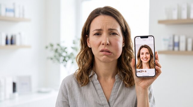Woman with swollen face holding phone showing healthy photo