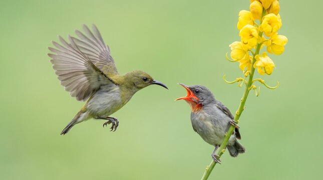 A mother sunbird feeding her hungry chick perched on a yellow flower stalk.