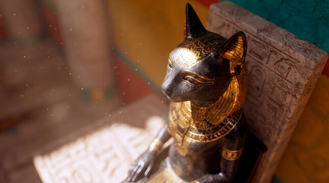 Close up of a black and gold Egyptian Bastet cat statue sitting on a carved throne