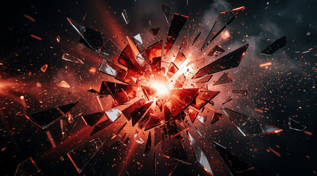A dynamic abstract image of a red and orange explosion with sharp, dark fragments scattering outwards against a dark background.