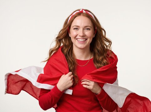 Smiling young woman with long wavy auburn hair wearing a red shirt and a red and white headband draped in a canadian flag against a plain white background