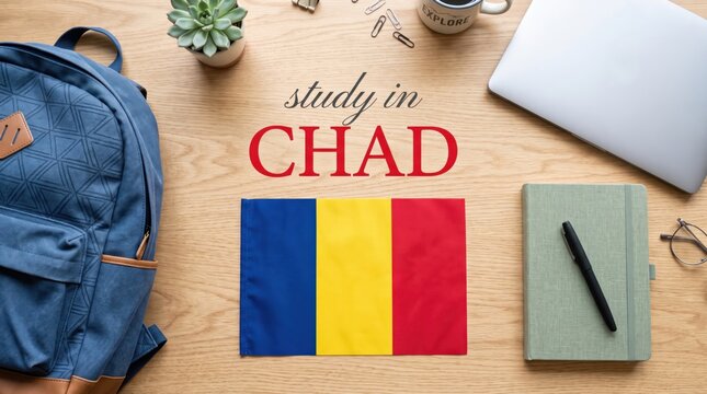 Study in chad text with national flag blue yellow and red stripes on wooden desk with backpack laptop notebook and succulent plant