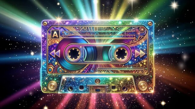 Single colorful vintage or old retro cassette tape on black background, 4K video
