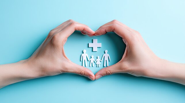 Hands form a heart shape around a paper cutout family and a medical cross symbol on a blue background, representing health and family care.