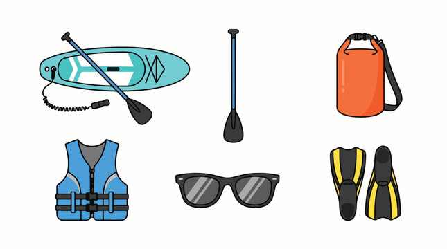 Paddleboard safety gear icons. Dry bag and life vest vector illustration for water sports.