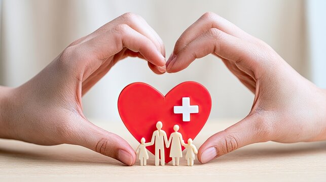 Two hands forming a heart shape around a red heart with a white medical cross, protecting a paper-cut family of four.