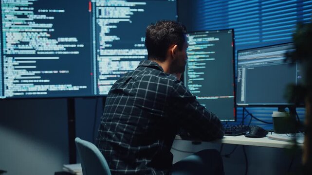 Focused caucasian software engineer works overtime late at night in modern tech office. Artificial intelligence, Dedicated freelance strategy, Database server debugging, Cybersecurity cloud concept.