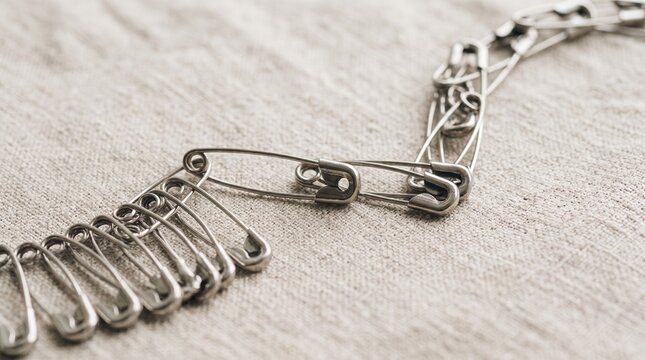 Linked Silver Safety Pins Chain on Soft Linen Fabric Macro