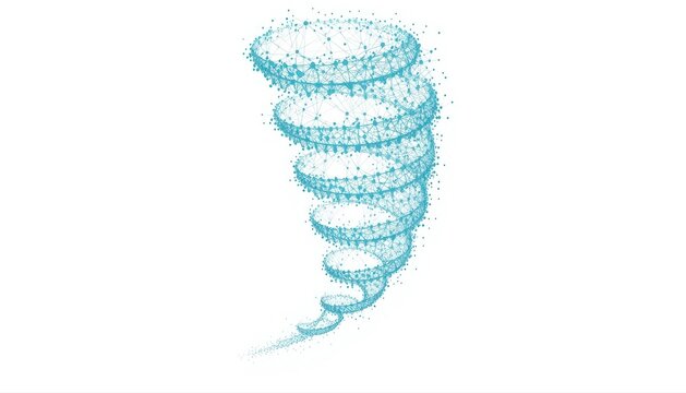 Abstract blue particle vortex spiral rotating in white space with abstract particle rotating particles movement background conceptual creative circular innovation technology minimalist