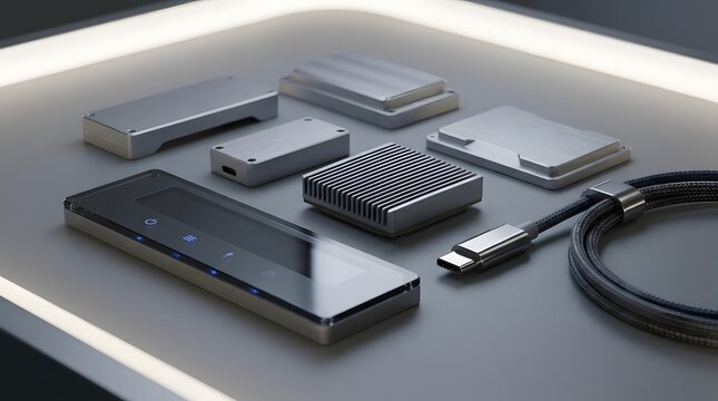 Sleek electronic hardware components and tech accessories on glowing table.