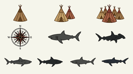 Hand Drawn Vector Icons of Sharks, Teepees and Compass Rose, Flat Design Graphic Elements for Maps and Navigation © Agus