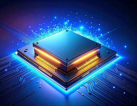 A futuristic computer chip with glowing blue and orange lights