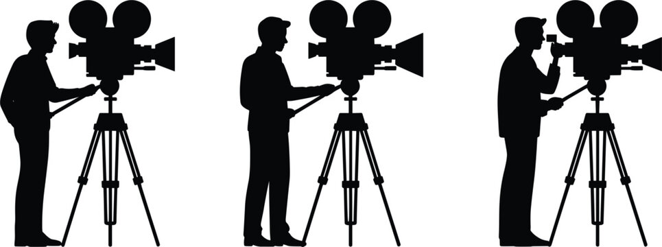 Cameraman silhouettes with vintage movie cameras, retro film production vector illustration