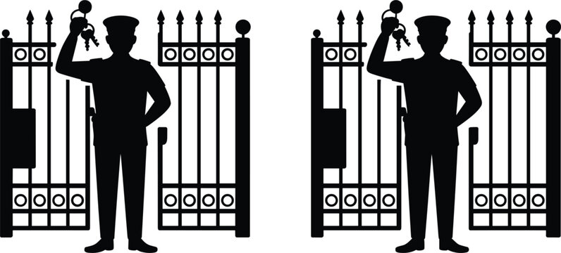 Security guard silhouettes holding keys by iron gates, safety vector illustration