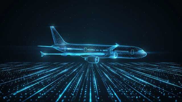 Futuristic digital airplane made of glowing blue lines and particles flying over data streams
