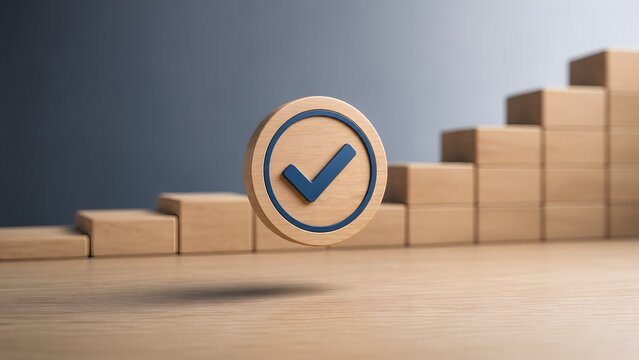Success achievement concept with wooden checkmark and rising stairs