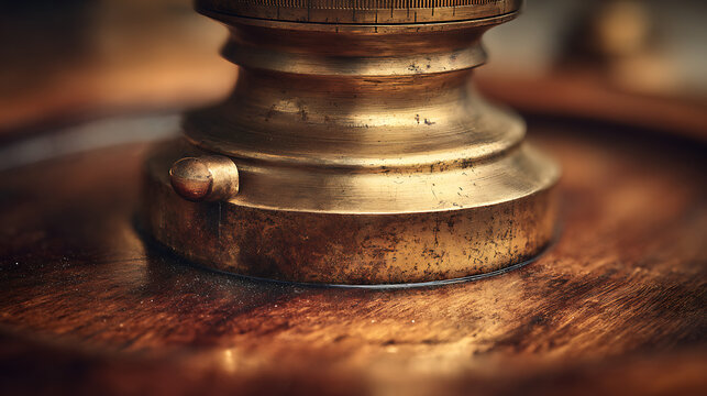 Antique Brass Compass Base on Wooden Surface, Nautical Navigation Detail