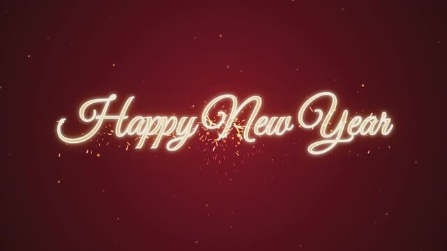 Sparkling happy new year greeting message on dark red background with glowing animated letters and floating golden light particles.
