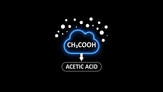 Acetic acid chemical formula ch3 cooh, glowing blue cloud with white dots and downward arrow on a black background