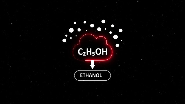 Ethanol chemical formula c2 h5 oh inside a glowing red cloud with white dots and downward arrow on a black background