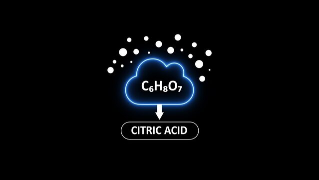 Citric acid chemical formula c6 h8 o7 inside a glowing blue cloud with white particles on a black background