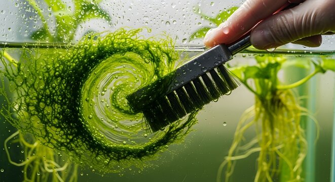 Aquarium cleaning brush swirling green algae on glass, water drops, close up