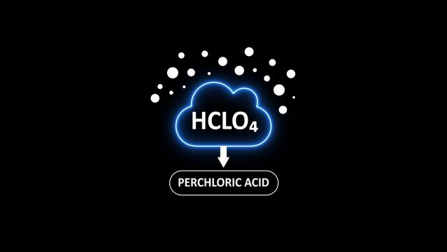 Perchloric acid chemical formula hclo4, glowing blue cloud with white dots and downward arrow on black background