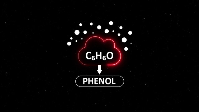 Phenol chemical formula c6 h6 o in a glowing red cloud shape with white dots and text label on a black background