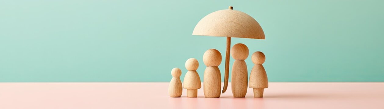 Wooden peg figures representing a family stand together under a single wooden umbrella against a pastel background.