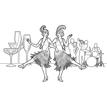 Two elegant flapper dancers in fringed dresses with feathered headbands, holding champagne glasses, with a jazz band playing behind them.