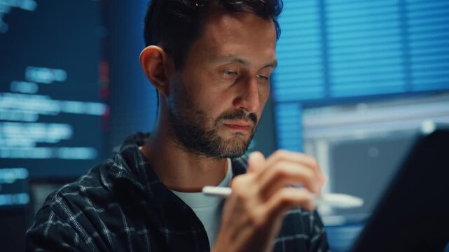 Exhausted Caucasian male programmer holds tablet and suffers headache at tech desk in office night. Job burnout and mental health, Workplace fatigue and pain, Heavy workload overtime pressure concept.