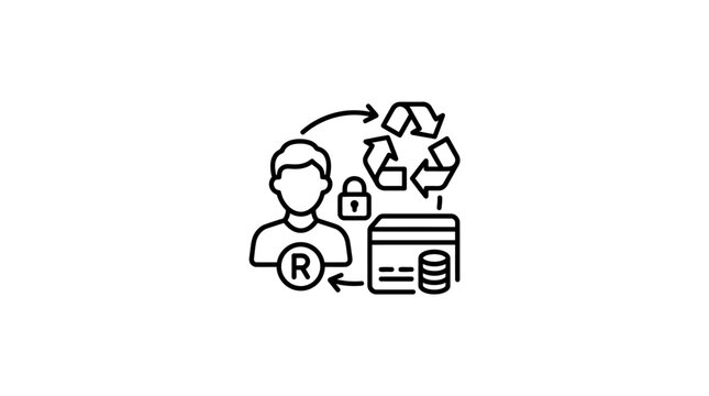 Clean Black and White of User Accessing Secure Recycled Data Storage with high quality professional line art symbols for modern creative design and digital branding projects