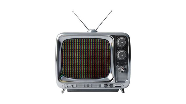Vintage chrome television with rabbit ear antennas isolated on a white background, representing classic retro media technology and broadcast entertainment from the past