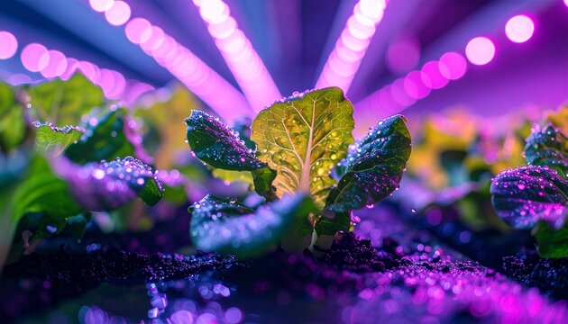 LEDライトに照らされた植物工場とアグリテック マクロ写真 コピースペース