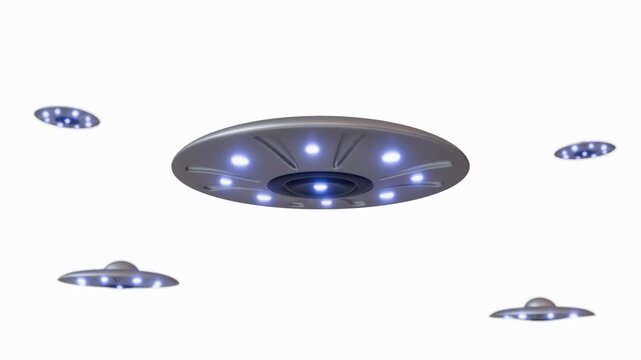 Multiple Silver UFOs Hovering White Background