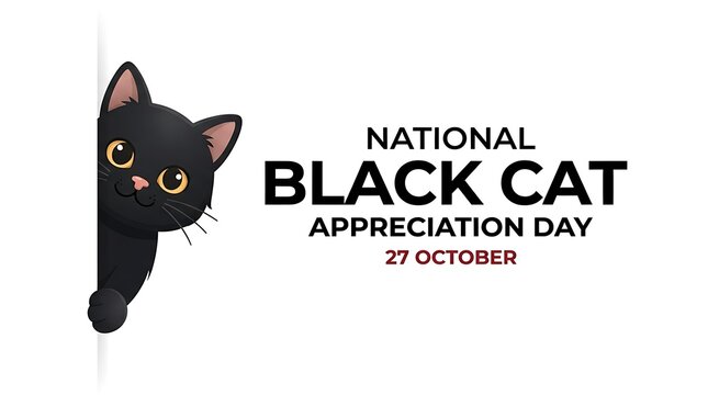 National Black Cat Appreciation Day banner, cute cartoon black kitten peeking from corner, October 27 holiday celebration graphic on white background