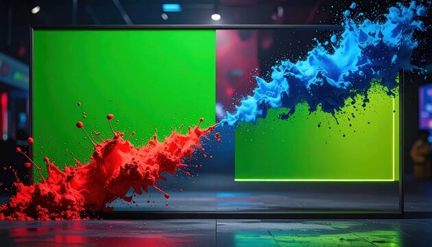 Green screen studio with red blue powder explosion