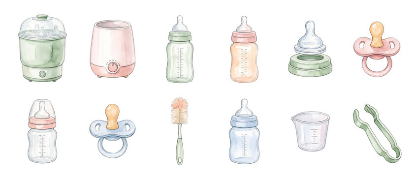 Baby feeding bottle sterilizer set watercolor illustrations for newborn infant nursery care accessories clipart graphics collection isolated elements design objects bundle packs on black backgrounds.