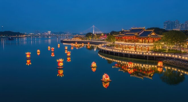 Floating Lanterns Illuminate Riverside Promenade and Traditional Buildings at Night