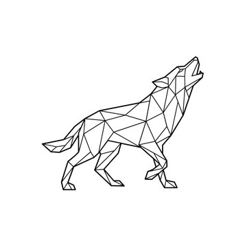 Geometric wolf howling, black outline illustration on white background, abstract animal vector