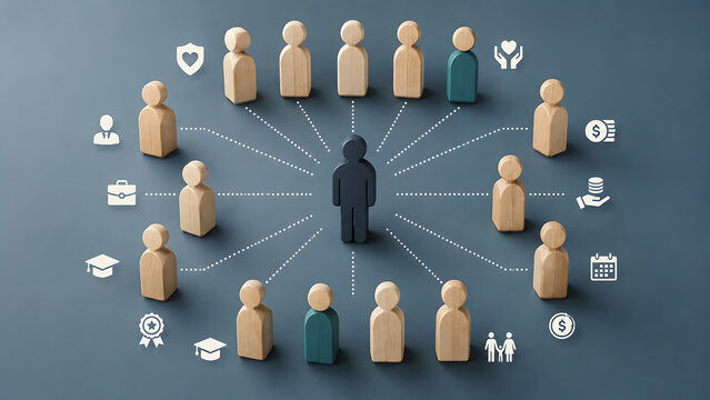 Flexible employee benefits program and human resources network shown by wooden figures with floating corporate welfare icons