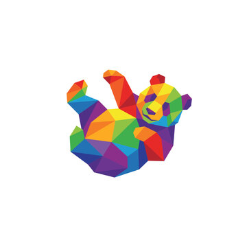 Geometric polygon panda illustration in vibrant rainbow colors, isolated on white, full body view