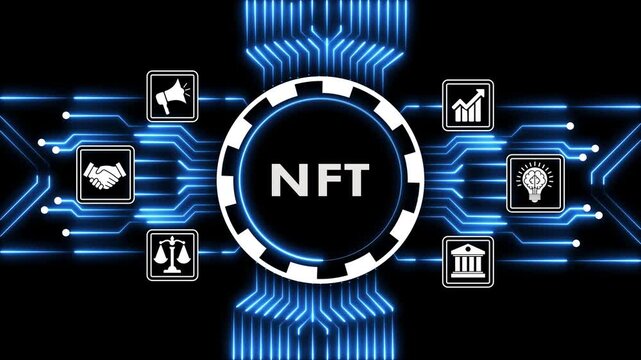 NFT motion graphic animation on circuit board background with business icons for technology.