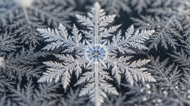 Symmetrical ice crystal snowflakes on dark background