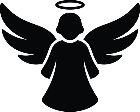 Minimalist black silhouette of a guardian angel with wings and halo.