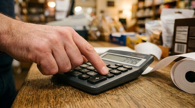 Calculator with paper tape rests on a rustic wooden desk while a professional hand performs complex financial calculations for a small business bookkeeping audit.