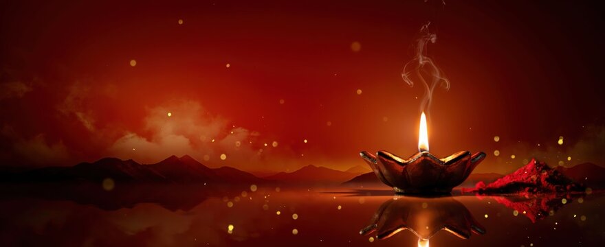 Diwali diya lamp with glowing flame and red background