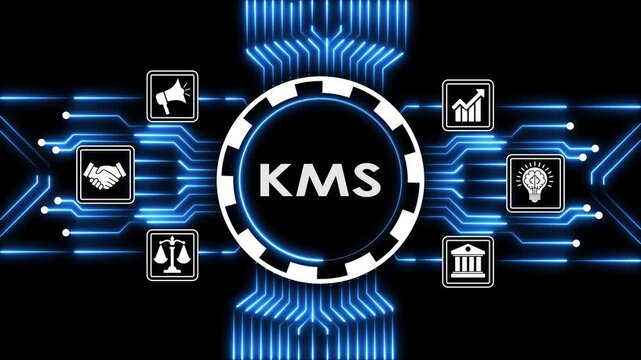 Kms knowledge management system business concept with digital glowing circuit board.