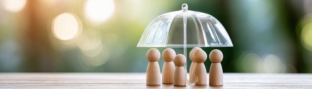 Wooden figures stand together under a transparent umbrella, symbolizing protection, unity, and care in a softly lit, blurred background.